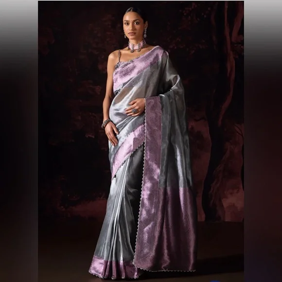 Purple And Grey Embroidered Tissue Saree Lashkaraa XS - Picture 1 of 6